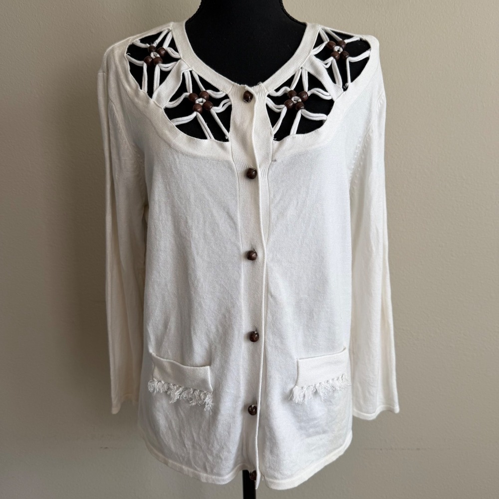 Cardigan Sweater Large White Crochet Cutout Wooden Beads Boho Cottage Knit